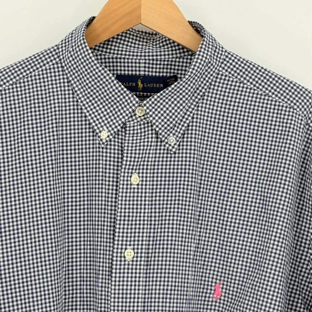 Ralph Lauren 2XB‎ Big & Tall Gingham Button Down Navy Pink Pony Classic Fit